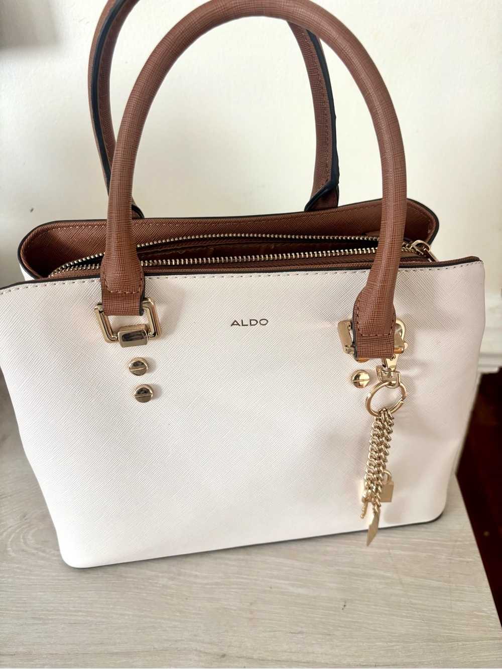 ALDO Cream & Brown Structured Top-Handle Satchel